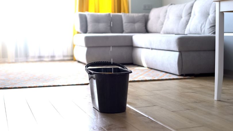 A bucket on the living room floor collecting water from a leak.