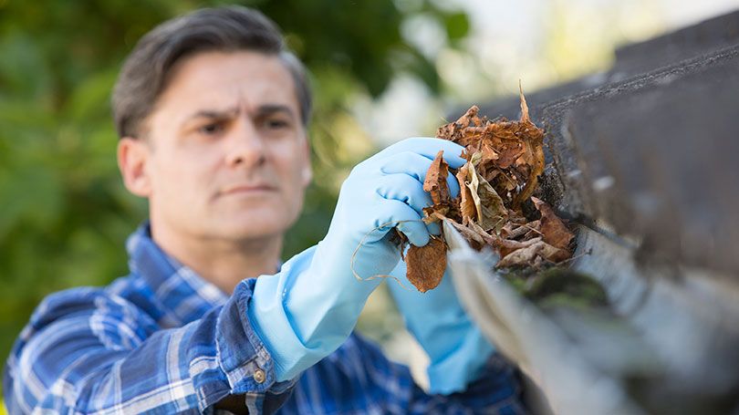 Un homme enlevant les feuilles des gouttières sur le toit de sa maison. 