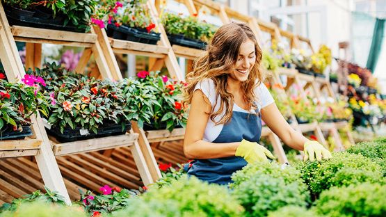 Jardinière taillant des plantes dans son magasin.