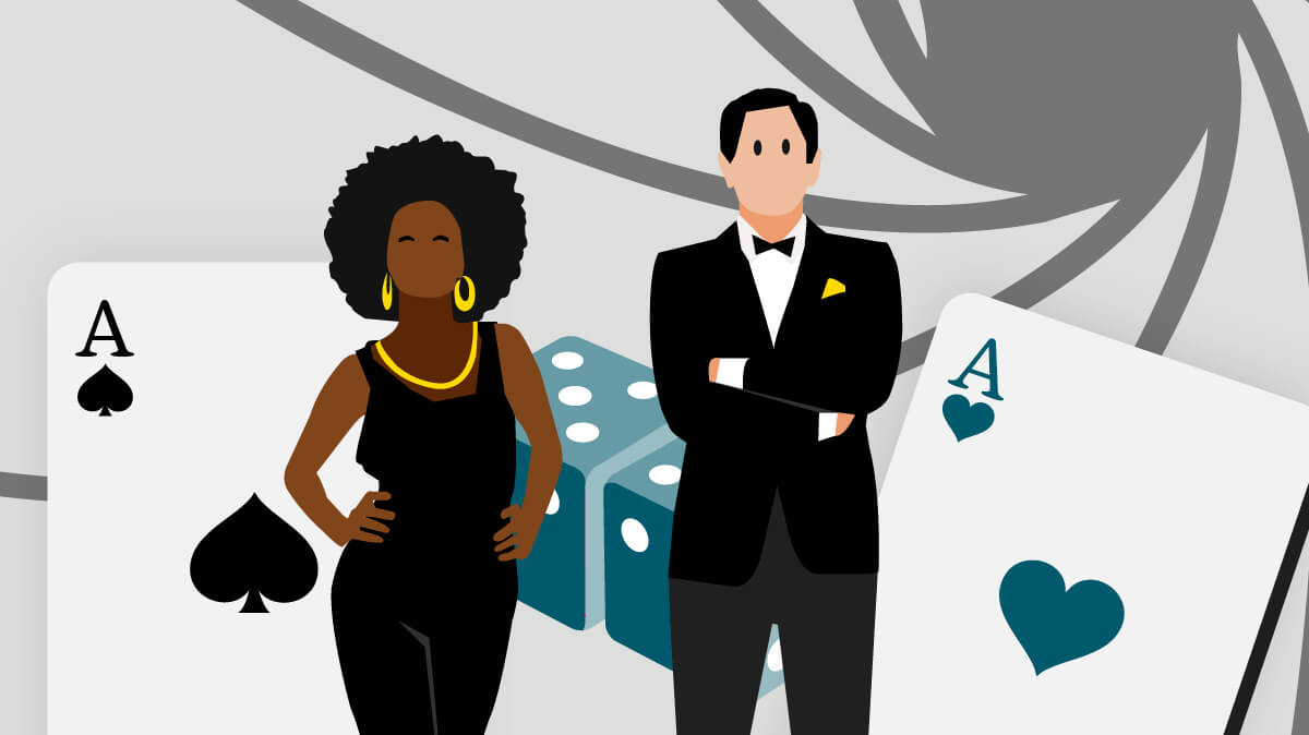 Illustration of two formally dressed people standing in front of playing cards and dice at a casino-themed event.