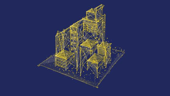 Corporate risk - yellow dot line graphic illustration of office buildings.