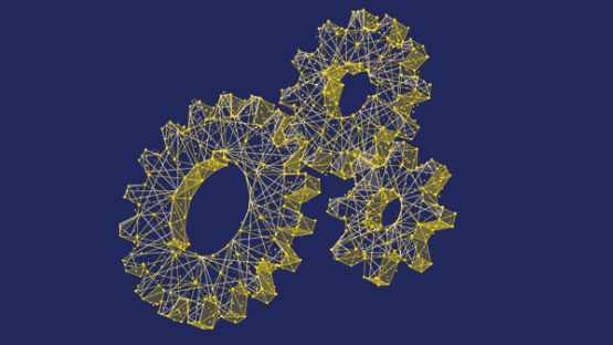 Equipment breakdown – yellow dot line graphic illustration of three gears.