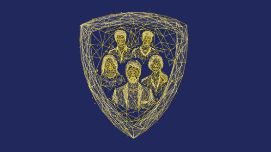 Programs – yellow dot line graphic illustration of five people in a shield. 