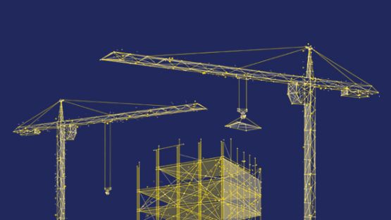 Surety – Yellow dot line graphic illustration of construction cranes.