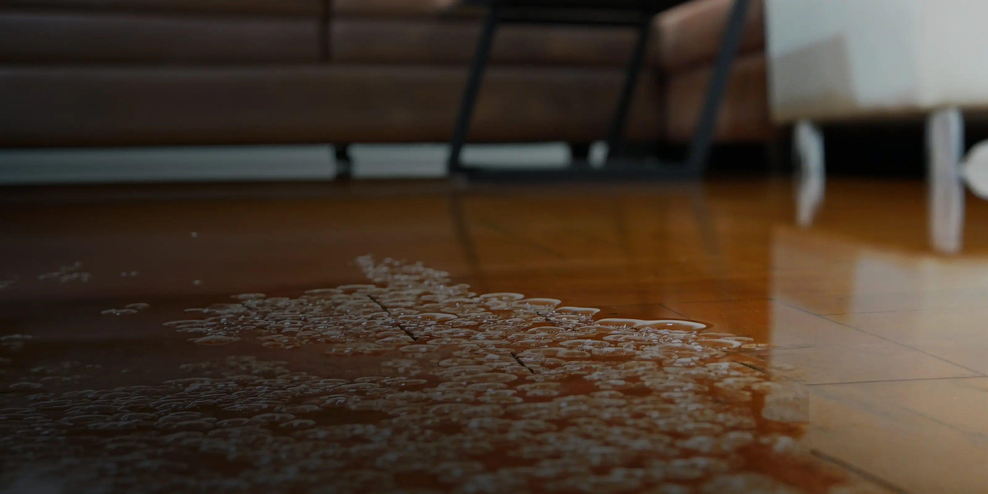 Water pooling on a hardwood floor in a living room following indoor flooding.