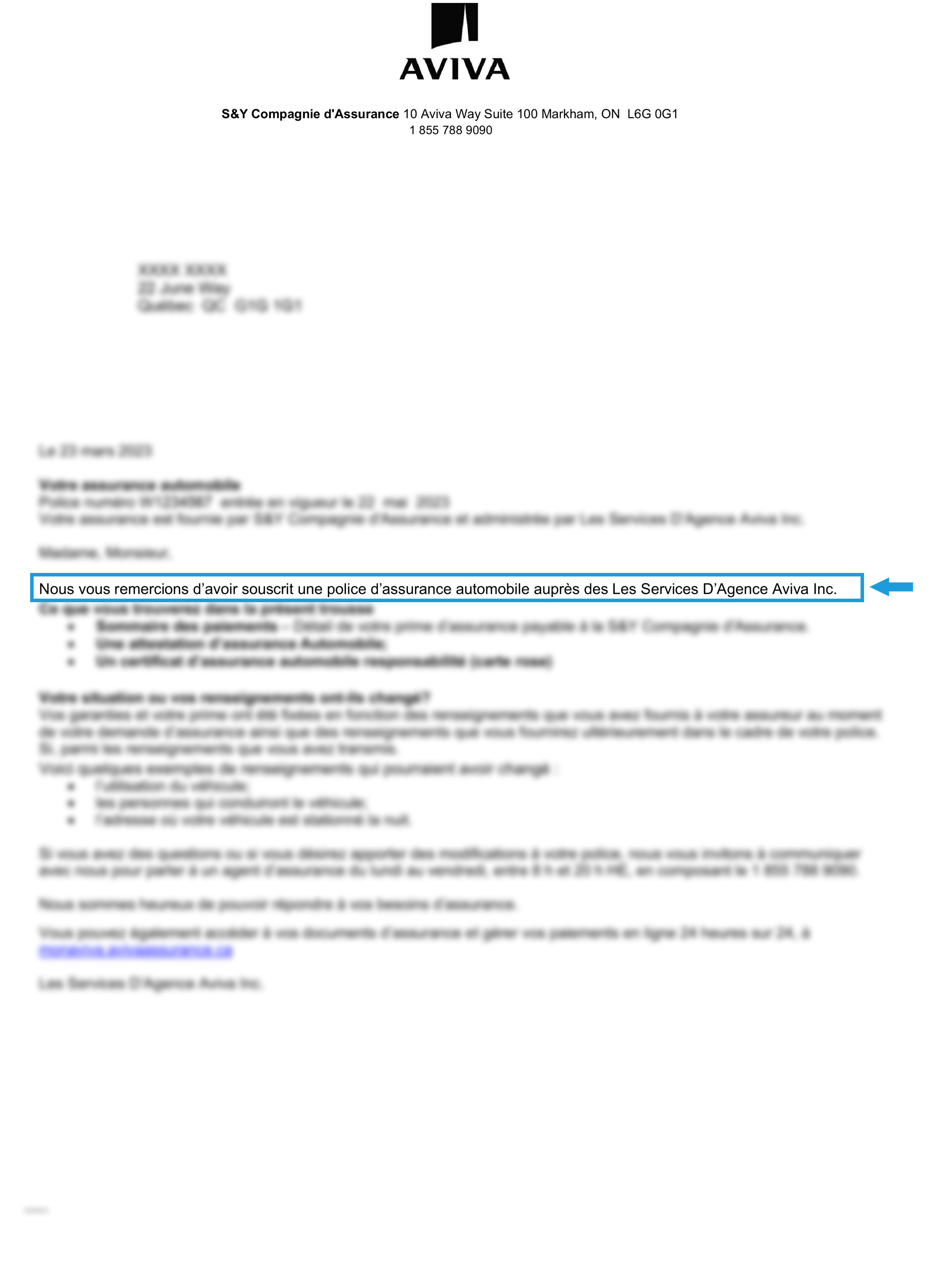 Blurred Aviva Direct policy document highlighting text: Your Insurance coverage is provided by S&Y Insurance Company, serviced by Aviva Agency Services Inc.