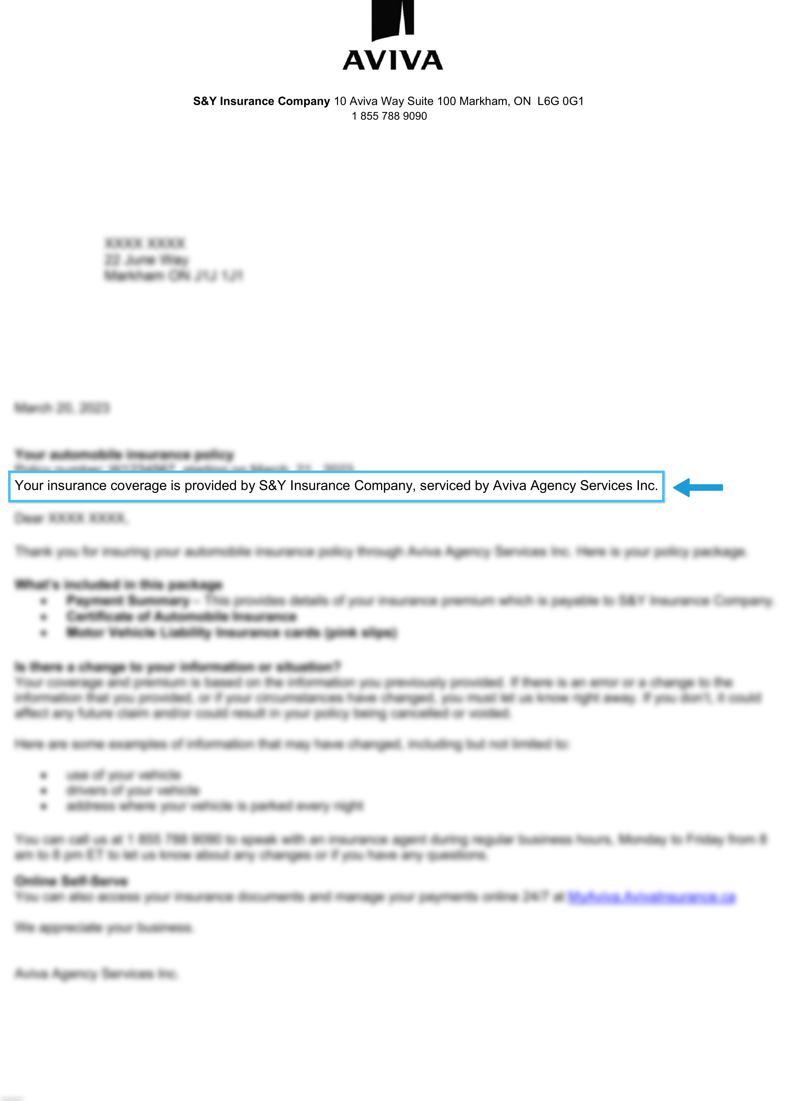 Blurred Aviva Direct policy document highlighting text: Your Insurance coverage is provided by S&Y Insurance Company, serviced by Aviva Agency Services Inc.