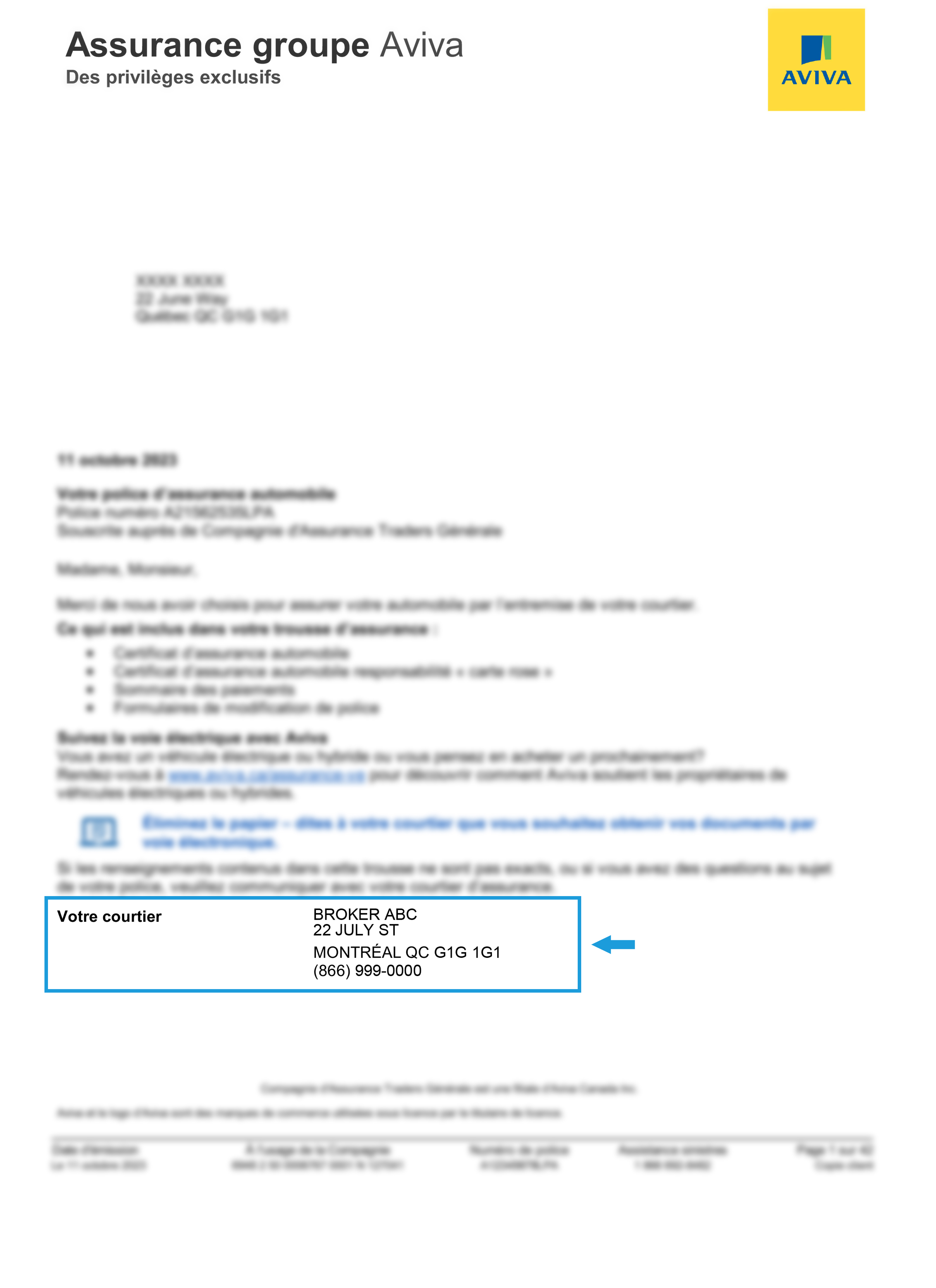 Blurred broker policy document highlighting Your Insurance Broker details