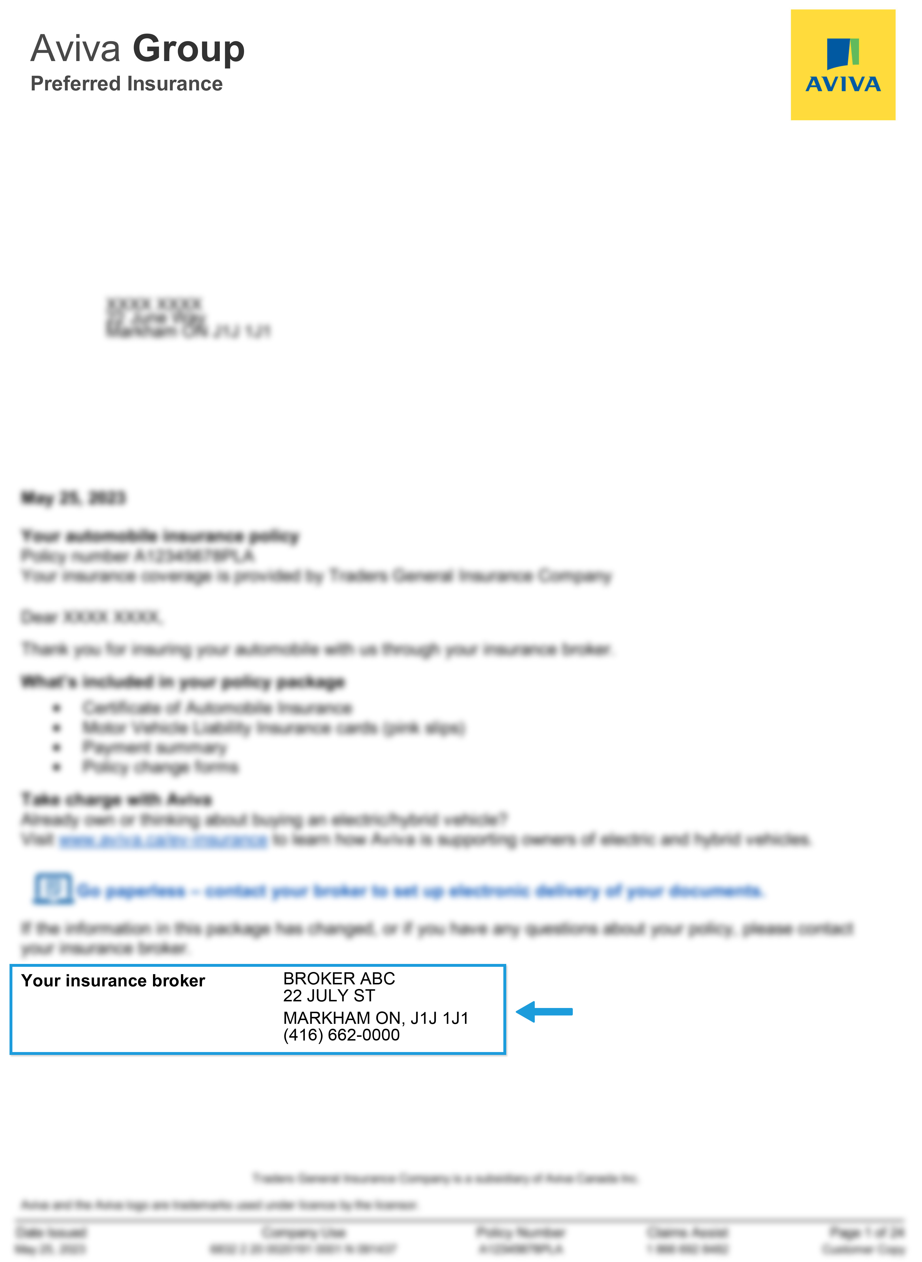 Blurred broker policy document highlighting Your Insurance Broker details