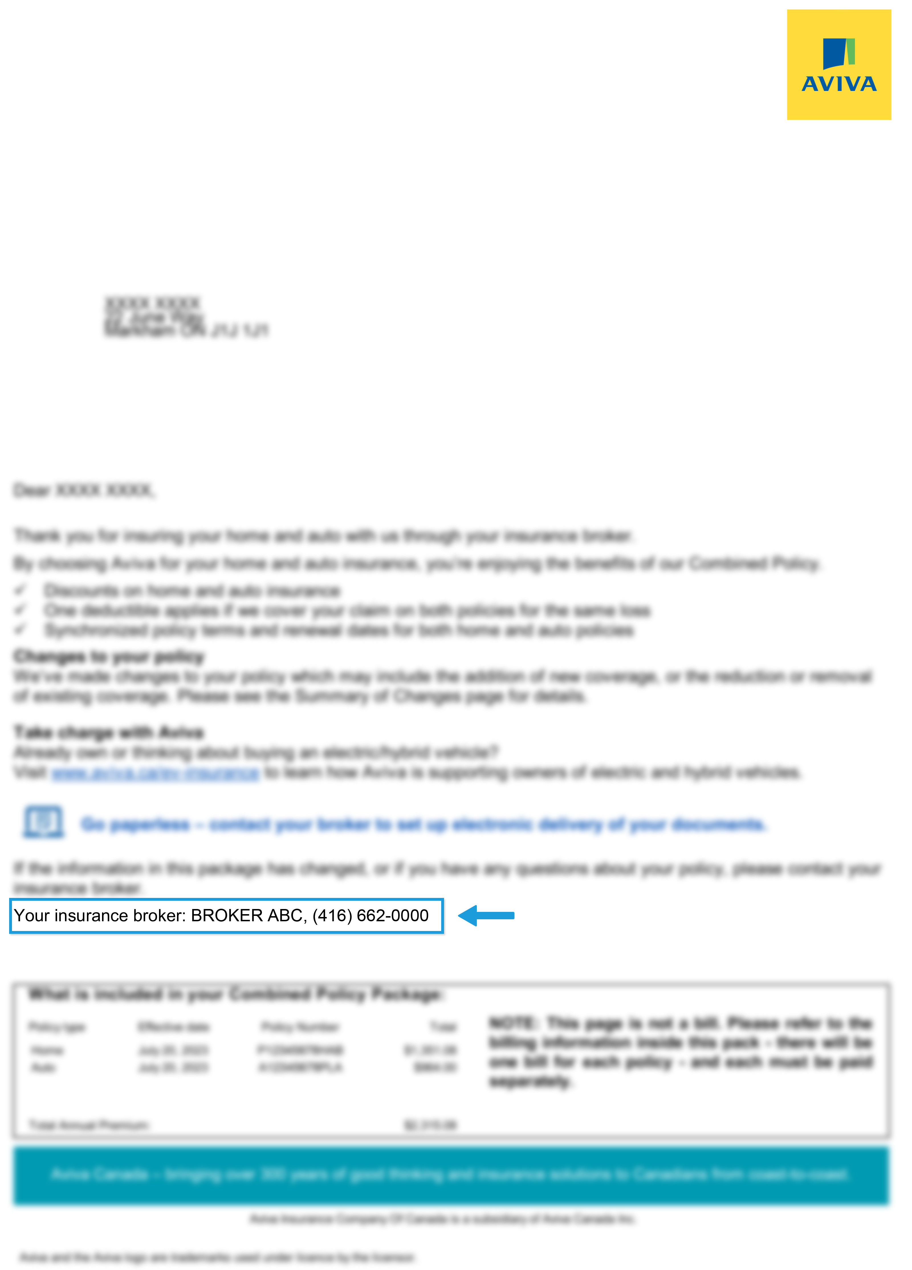 Blurred broker policy document highlighting Your Insurance Broker details