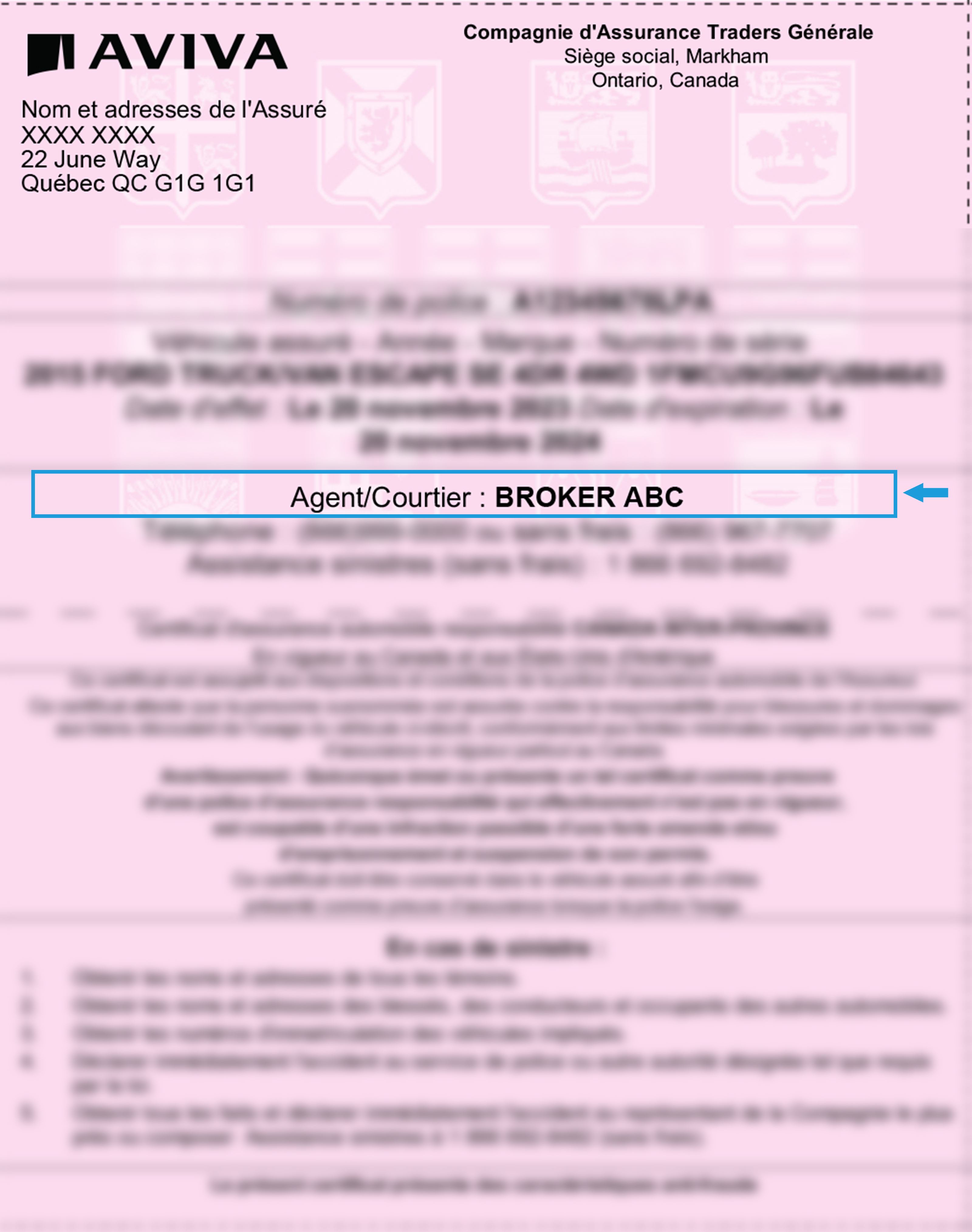Blurred liability slip highlighting Broker/Agent details