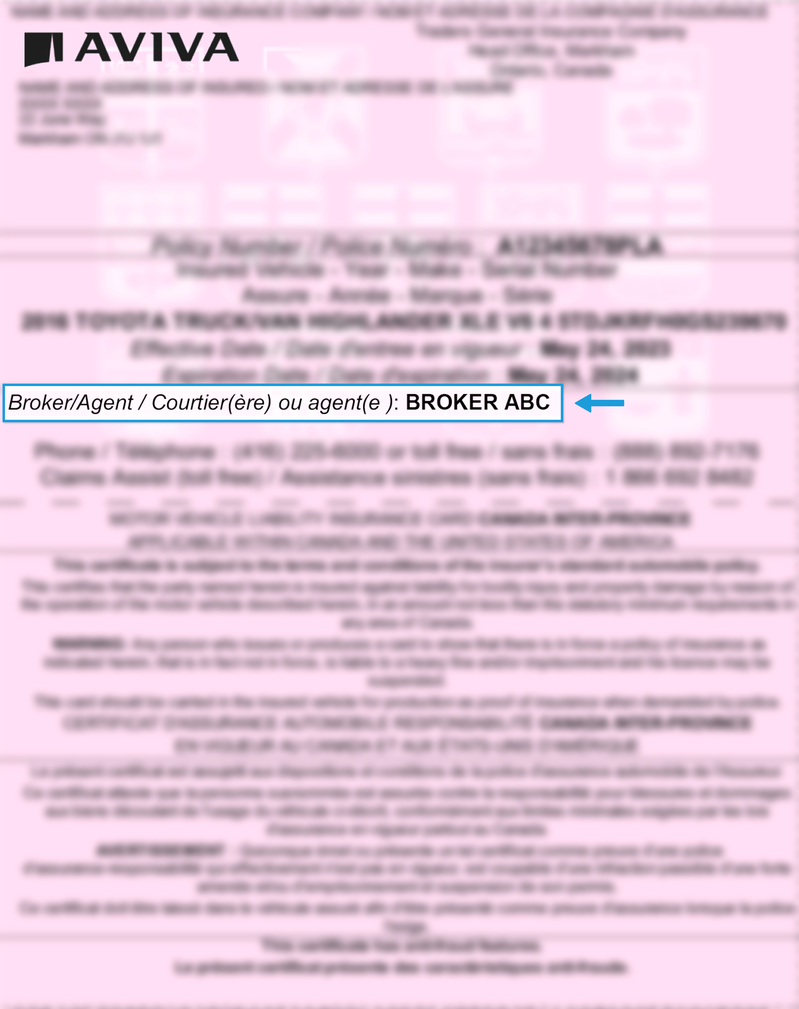Blurred liability slip highlighting Broker/Agent details