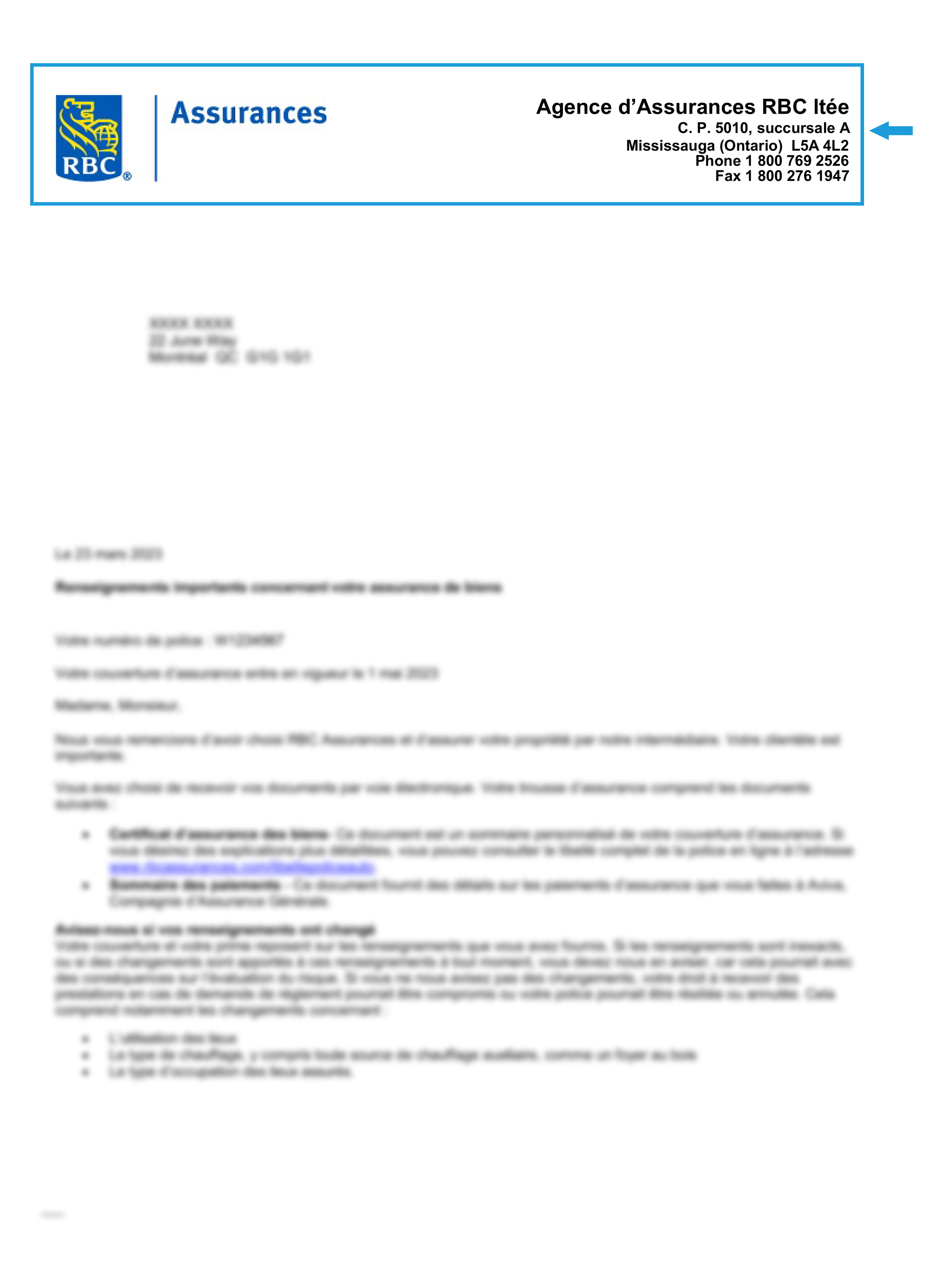 Blurred RBC Insurance policy document highlighting letterhead