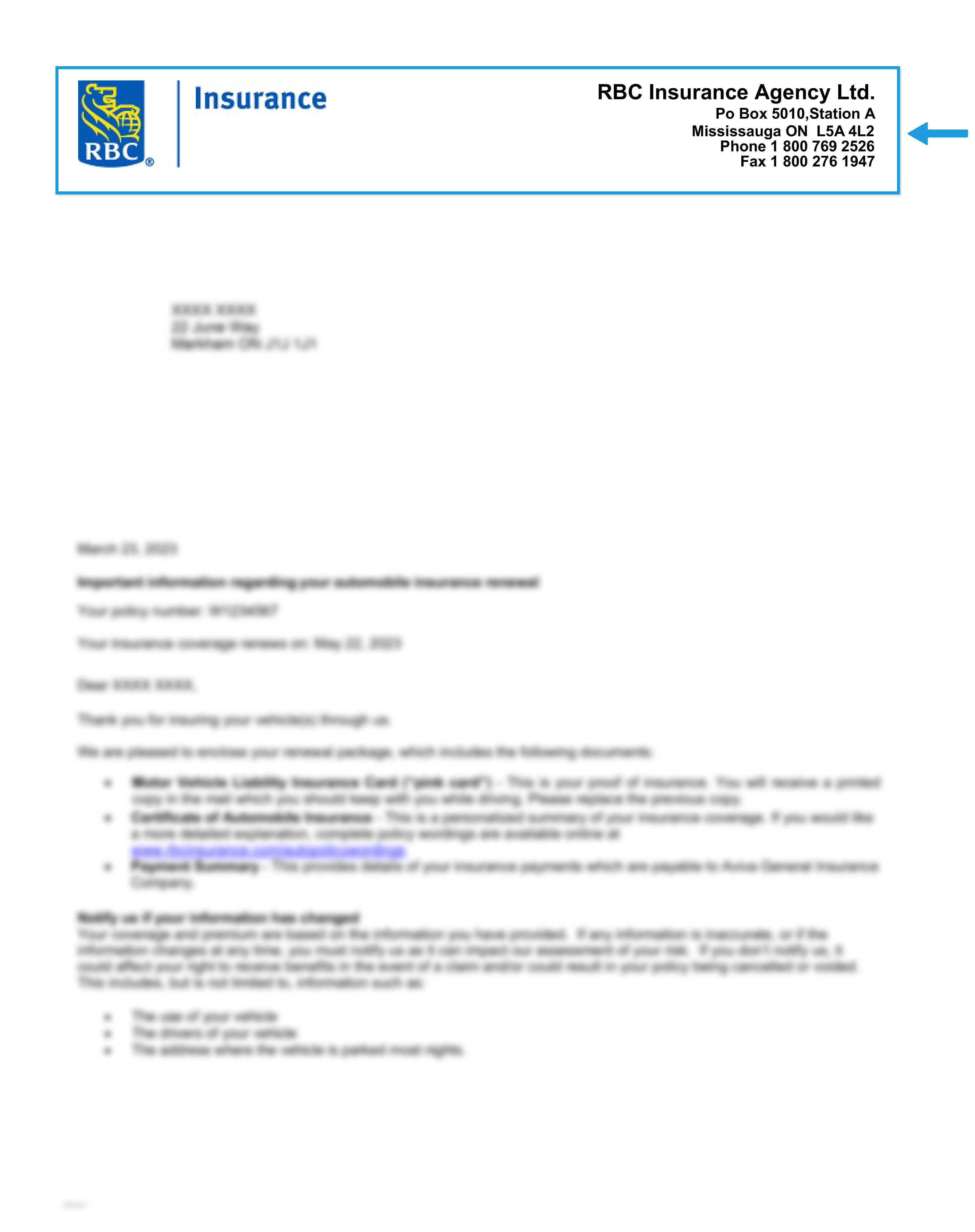 Blurred RBC Insurance policy document highlighting letterhead