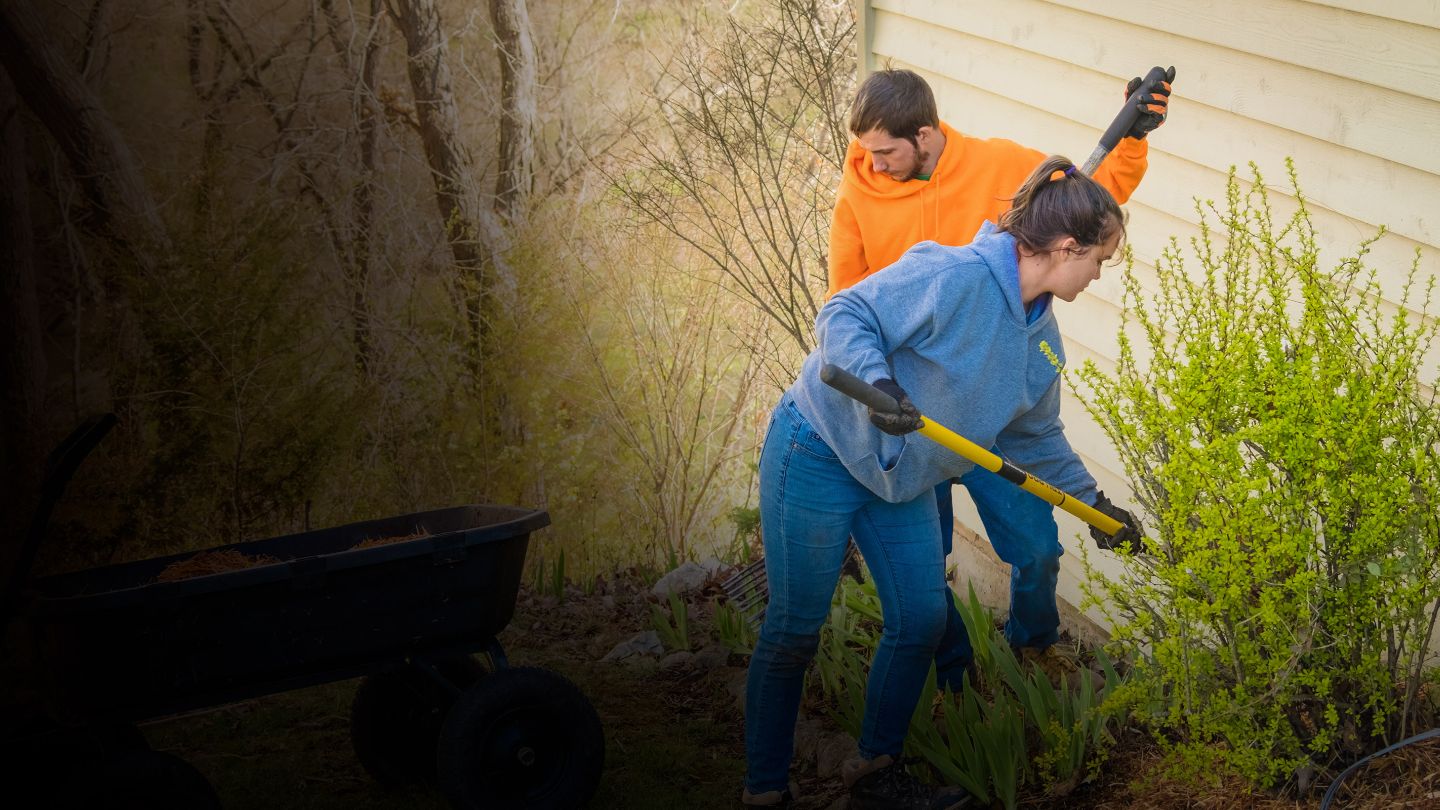 A woman and man landscaping shrubs on the side of their home with a wheelbarrow nearby to collect debris