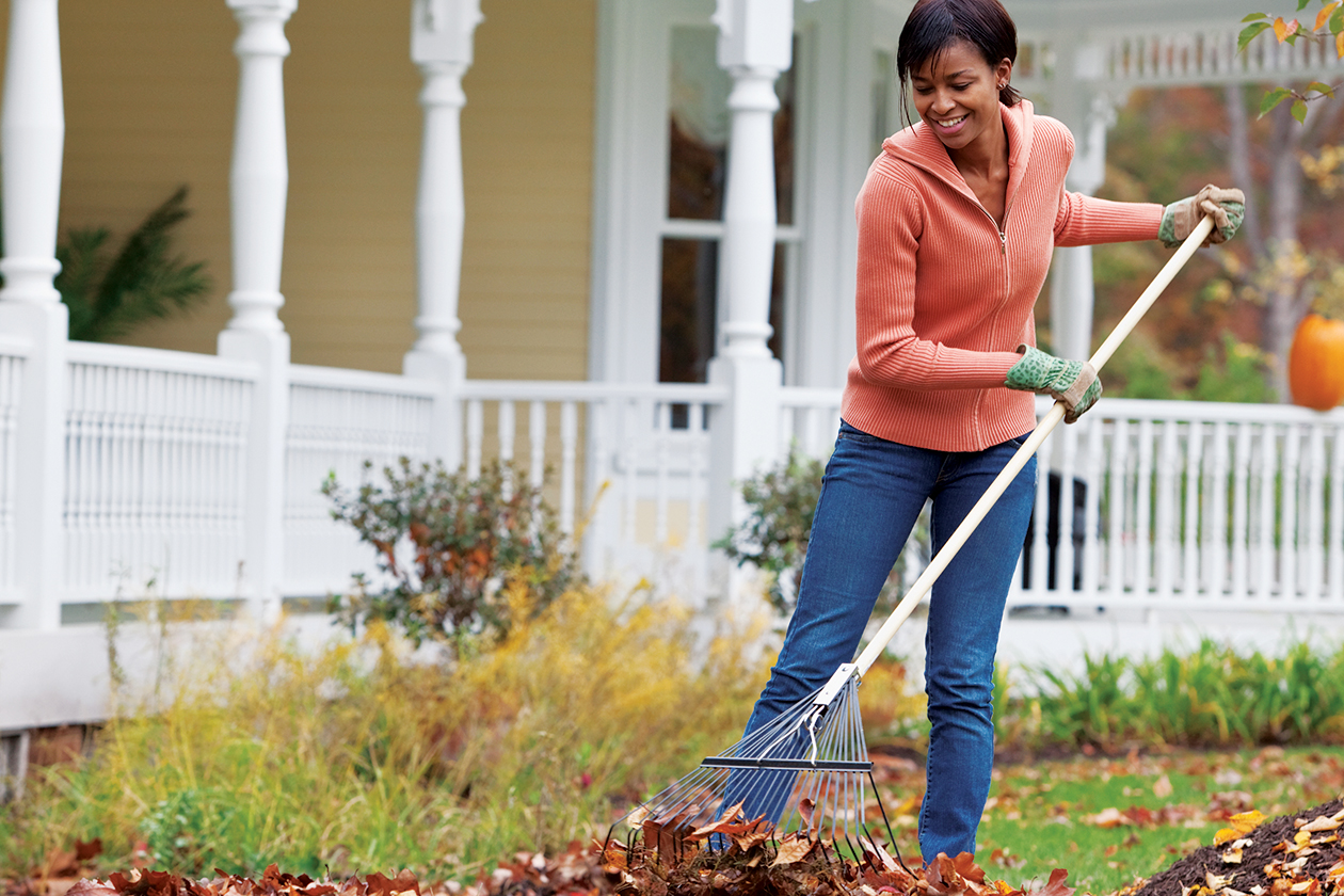 A woman raking dried leaves in front of her home on a nice day.