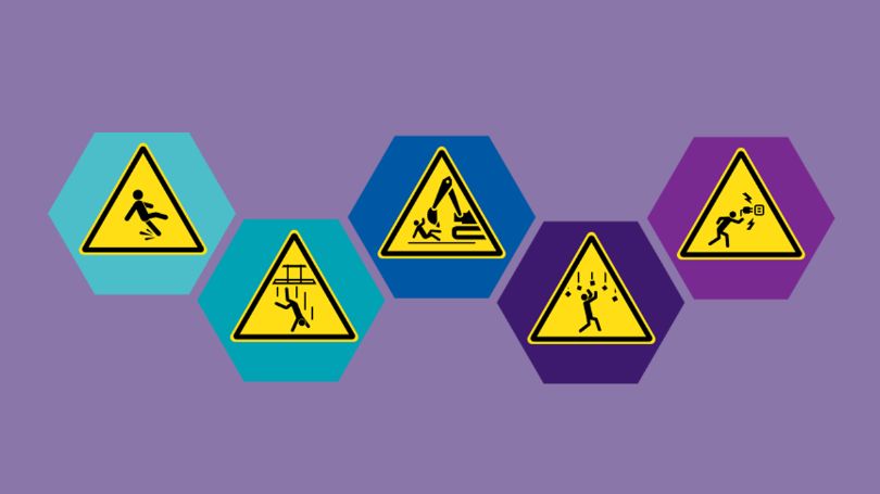 Workplace hazard signs: slipping, falling down shaft, collision with construction equipment, falling objects, electrocution.