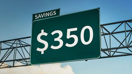 A highway sign with the amount of savings from Aviva Journey