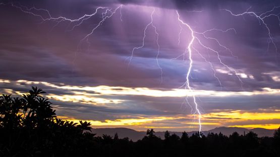 A bolt of lightning striking a dry forested area