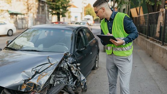 A person in a safety vest looking at a damaged car