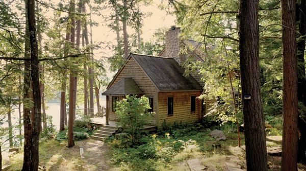 Chalet entouré d’arbres près d’un lac